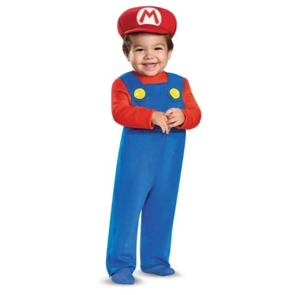 Super Mario Baby Costume 12-18 Months Jumpsuit Hat Mustache Disguise Halloween - Picture 2 of 8